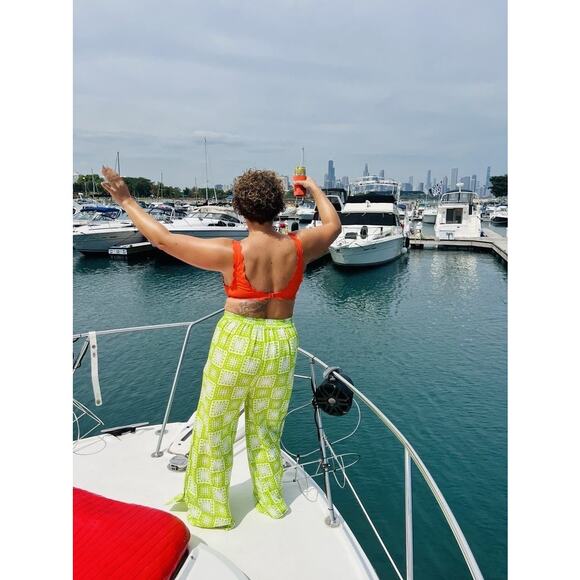 THE ODELLS Neon Green Tropical Linen Blend Loose Wide Leg Anna Pant Size Small - Picture 4 of 14